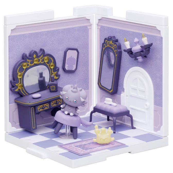 Espurr Pokémon playset with vanity, mirror, bench, and crown on a rug in a purple and white room.