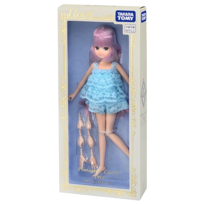  Licca doll in box: light blue lace outfit, lavender hair, extra hands. Takara Tomy brand.