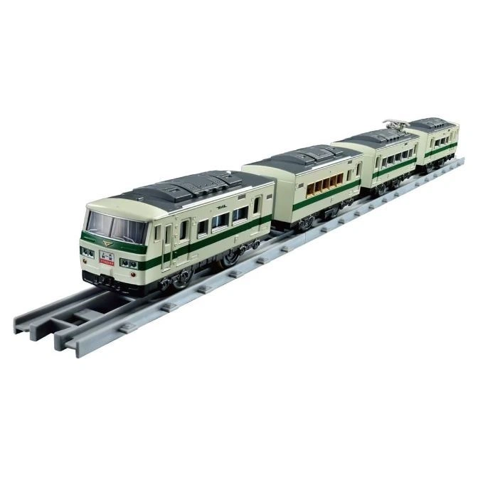 Toy train with green stripe on a gray track.