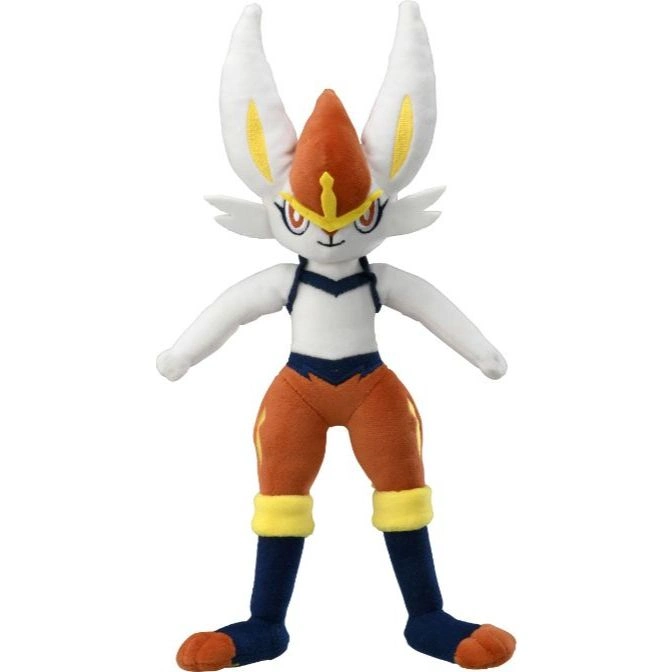 Cinderace plush toy with white fur, orange accents, and blue leggings.