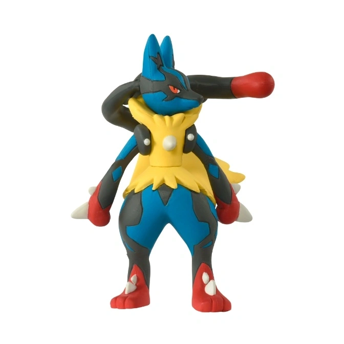  Lucario toy figure with blue, black, yellow, and red colors standing on a white background.