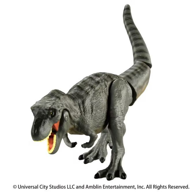  Grey dinosaur toy with open mouth and striped tail.