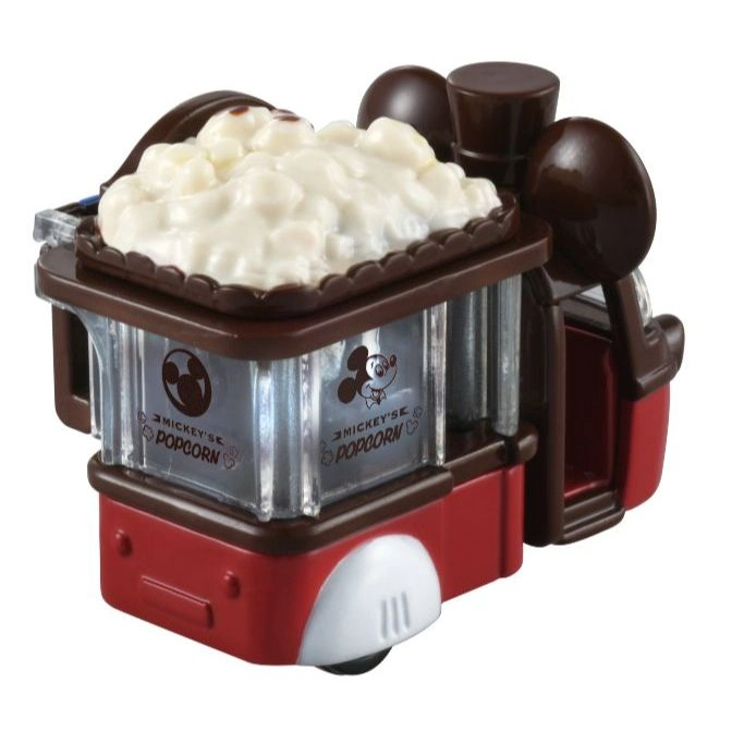  Mickey Mouse popcorn cart toy with popcorn on top and Mickey's logo on the side.