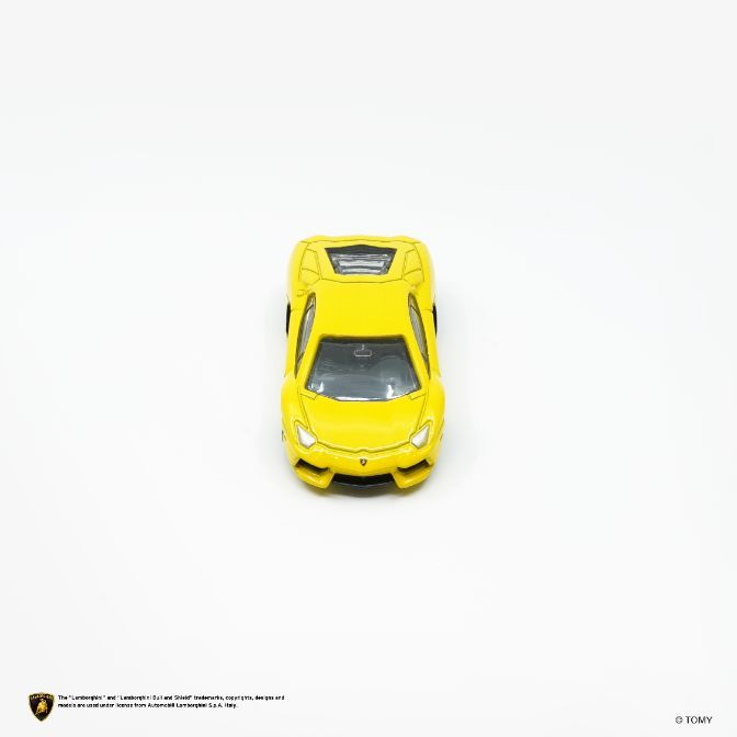 Yellow toy Lamborghini sports car, top view.