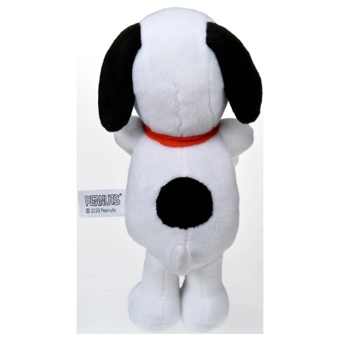  Snoopy plush toy with black spot on back, red collar, and floppy black ears.