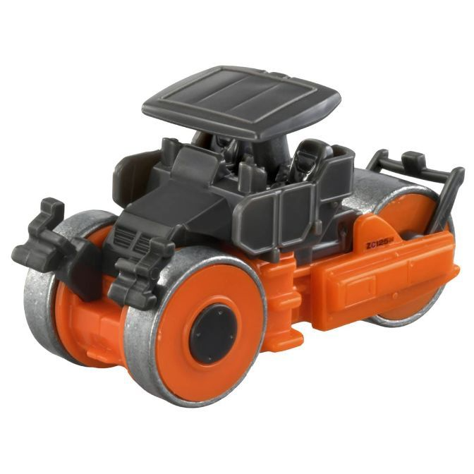 Orange and gray toy road roller with a driver's cabin and large front and rear rollers.