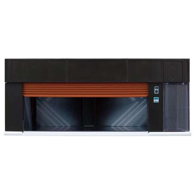  Toy garage with a partially closed orange door, black exterior, and a white base.