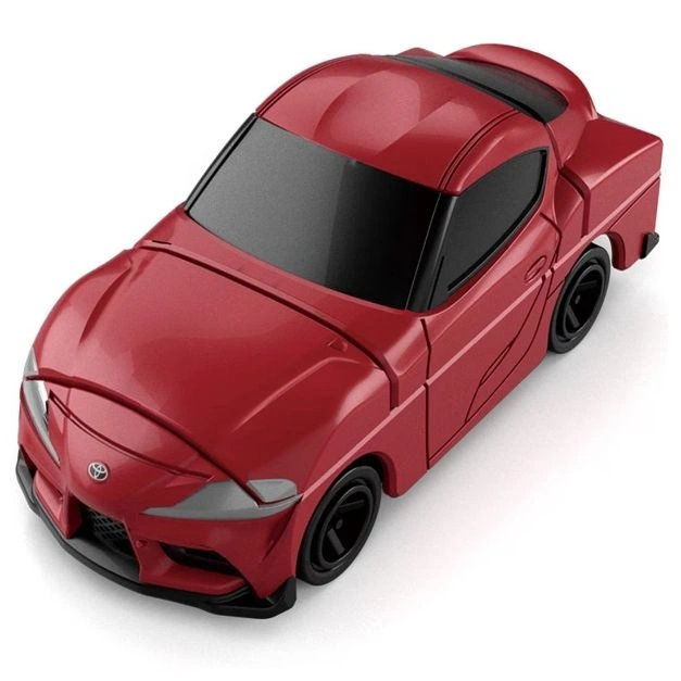 Red toy car, a Supra model, with black wheels and tinted windows.