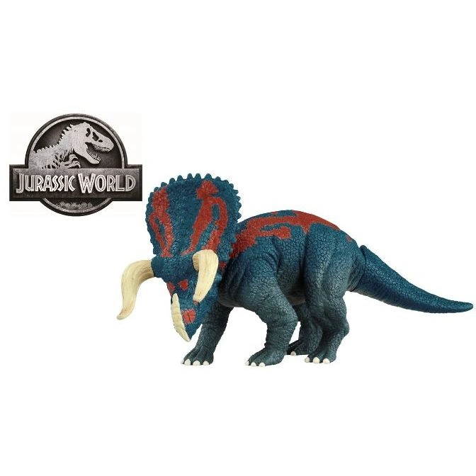  Blue Triceratops toy with red markings and cream-colored horns, next to the Jurassic World logo.