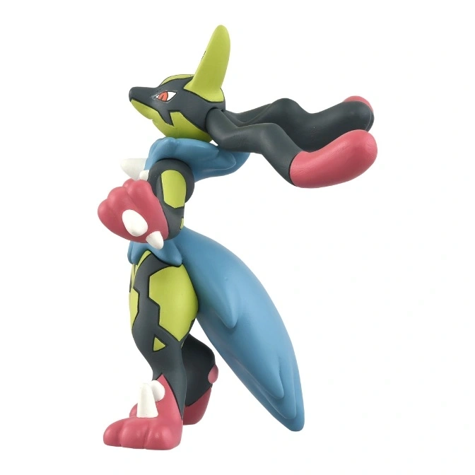  Mega Lucario action figure with blue cape, black and green body, and red paws.