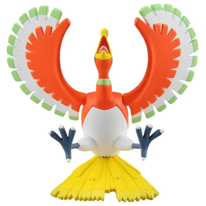  Ho-Oh Pokémon toy figure with orange wings, yellow tail, and open beak.