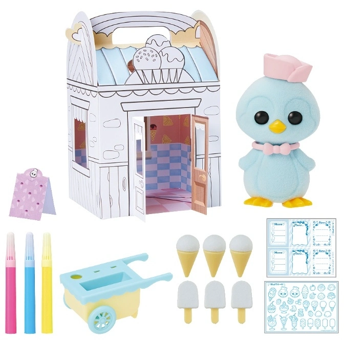  Toy ice cream shop with a bird figurine, cart, ice cream cones, popsicles, markers, and menu cards.