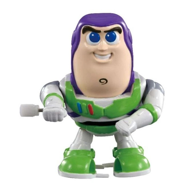  Buzz Lightyear wind-up toy with green and white spacesuit, purple head covering, and a crank on the side.
