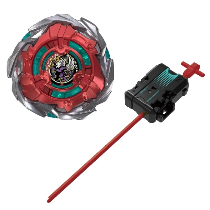  Beyblade Burst Surge HyperSphere with launcher. Red, silver, and teal spinning top toy.