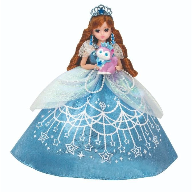  Princess doll in blue gown with crown, holding a purple animal figure.