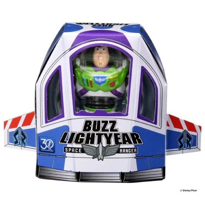 Buzz Lightyear toy in spaceship box, celebrating 30 years of Space Ranger adventures.