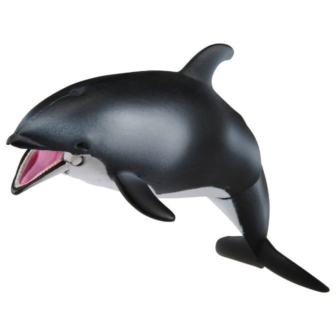 Black and white orca toy with open mouth showing pink interior.