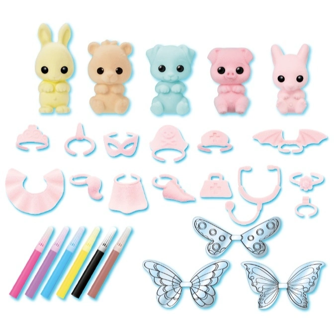  Flocked animal figures with dress-up accessories and markers for customization.