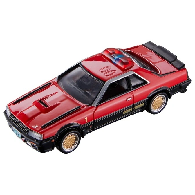  Red toy car with gold rims and a light bar on top.