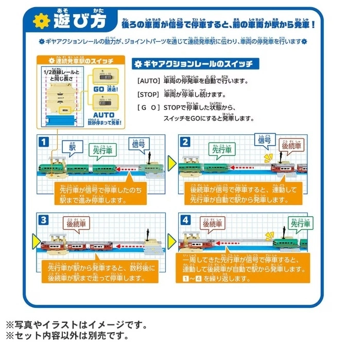  Toy train set instructions showing how the rear train stops at a signal, triggering the front train to depart from the station.