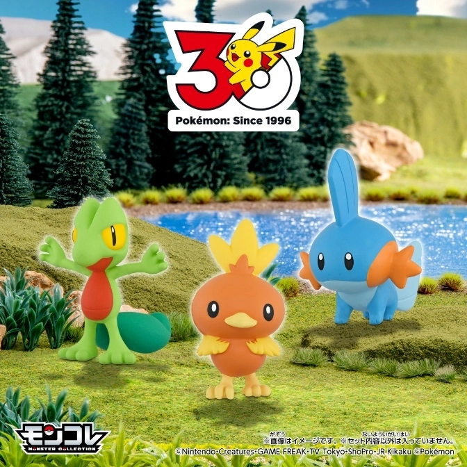  Pokémon 3D anniversary figures: Treecko, Torchic, and Mudkip, posed in a grassy, lakeside setting.