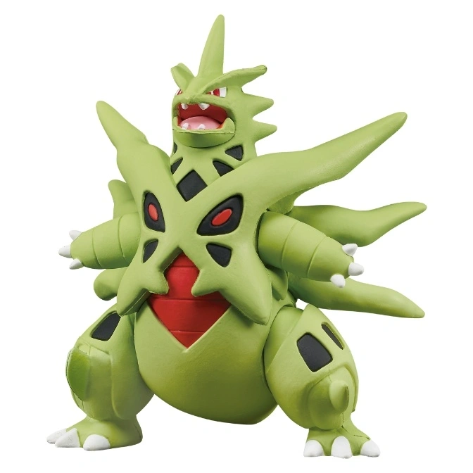  Green Tyranitar toy figure with red eyes and mouth, standing.