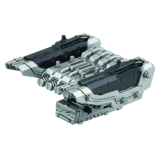 Grey and black toy spaceship with intricate detailing and a futuristic design.