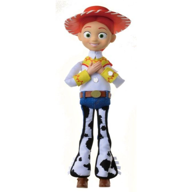  Jessie doll from Toy Story wearing her signature cow print pants, hat, and yellow and red vest.
