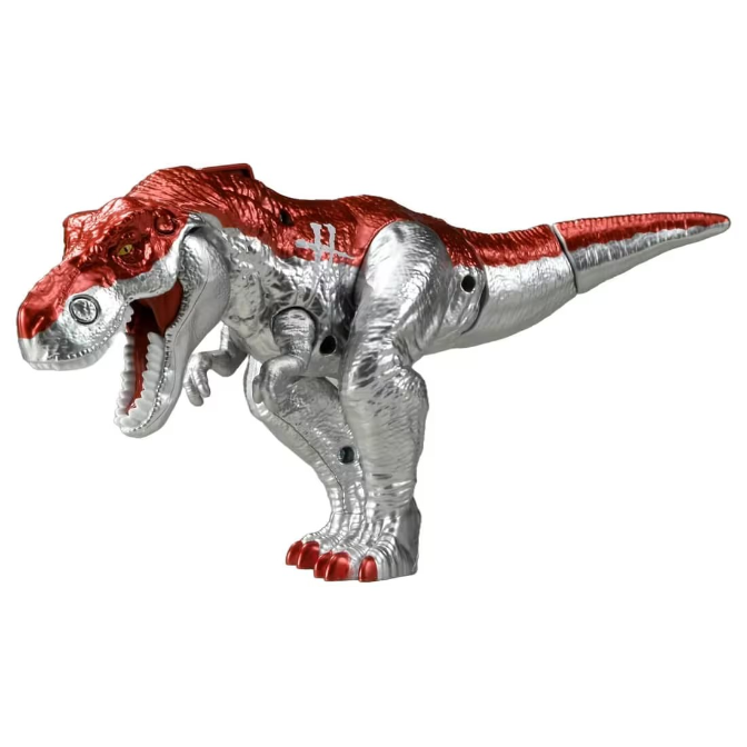 Red and silver T-Rex toy with an open mouth.