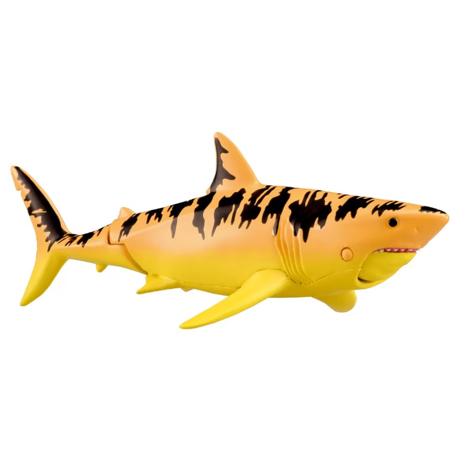  Yellow toy shark with black stripes, featuring a realistic design and visible teeth.