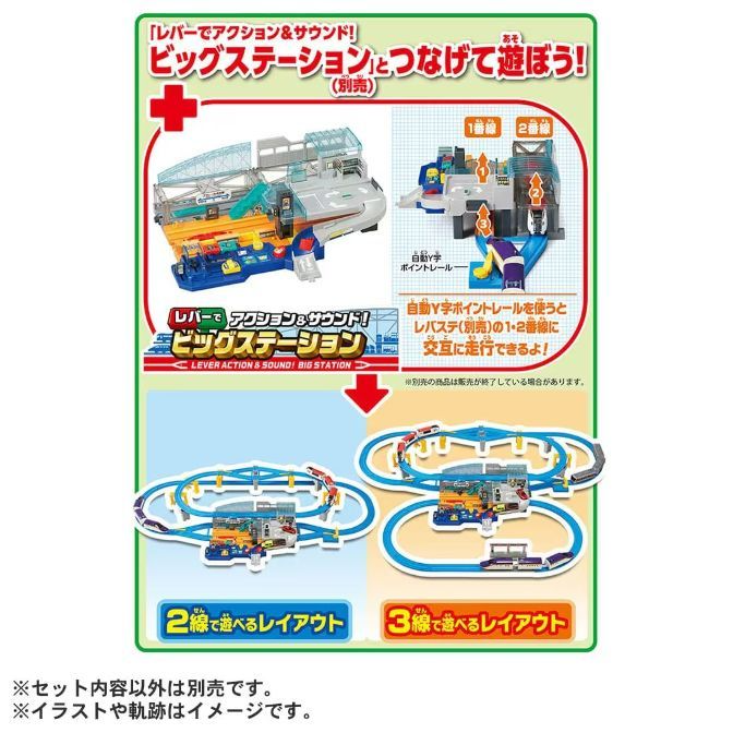  A toy train set with a station and tracks.