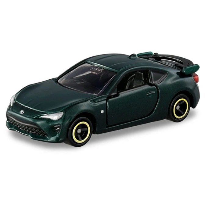  Dark green toy Toyota 86 with yellow-rimmed wheels and a spoiler.