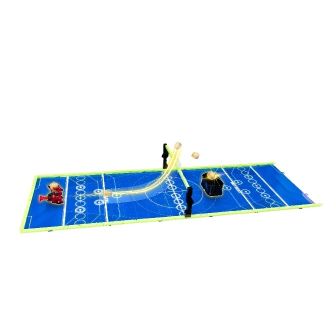  Battroborg arena with battling robots and pucks in mid-air, showcasing gameplay.