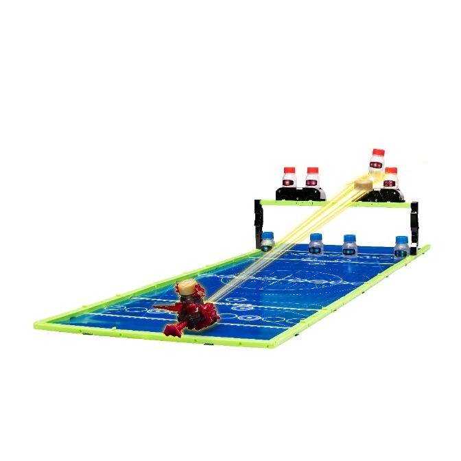 Bottle bowling toy with a red launcher, blue lane, and bottles being knocked over.