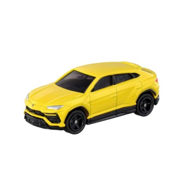 Yellow toy Lamborghini Urus SUV with black wheels.