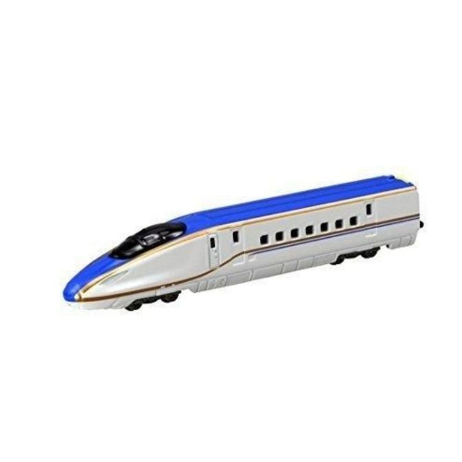 Blue and white toy bullet train with windows.