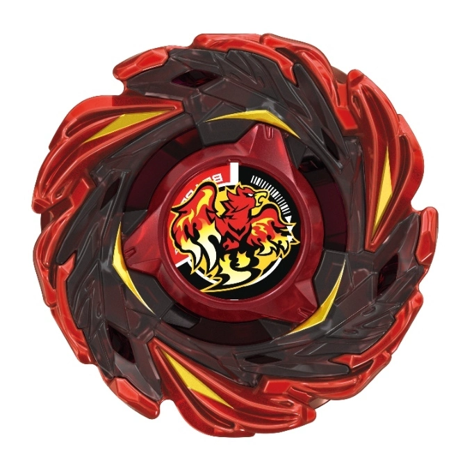  Red and black Beyblade with a phoenix emblem, ready for battle.