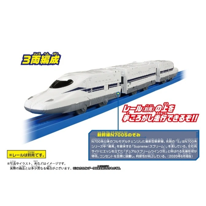  Toy N700S Shinkansen bullet train on blue track. White with blue stripe, 3-car set.