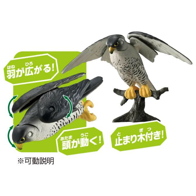  Falcon toy with articulated wings and head, perched on a tree branch.