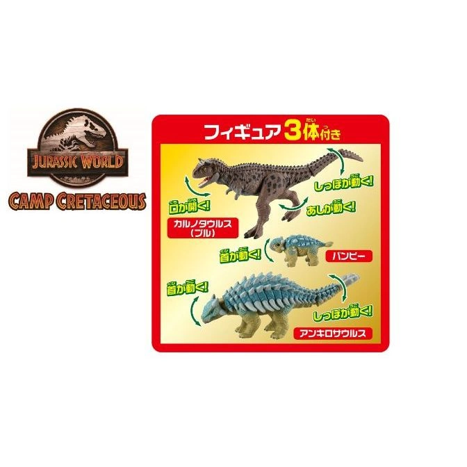  Jurassic World Camp Cretaceous dinosaur toy set: Carnotaurus, Bumpy, and Ankylosaurus with movable parts.