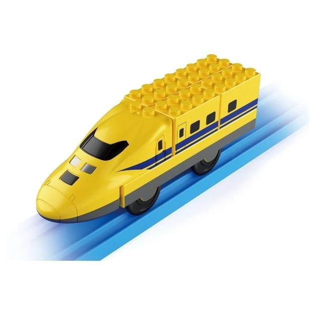 Yellow toy bullet train on a blue track, made of building blocks.