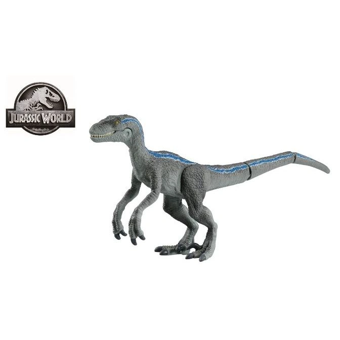 Blue raptor toy from Jurassic World, grey with blue stripe.