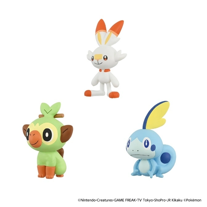  Pokémon figures: Scorbunny kneeling, Grookey sitting, Sobble crouching. Cute toy set.