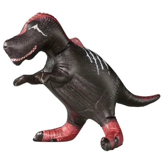 Inflatable T-Rex toy with red and black coloring and white stripes.