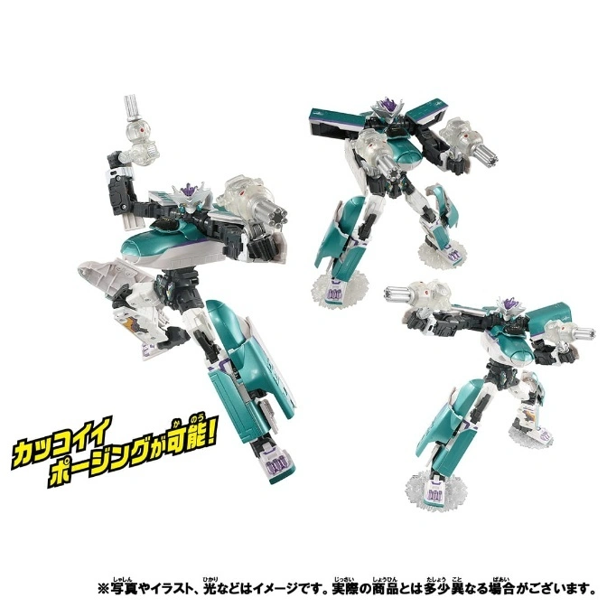  Three teal and white robot toys with translucent weapons in different poses.