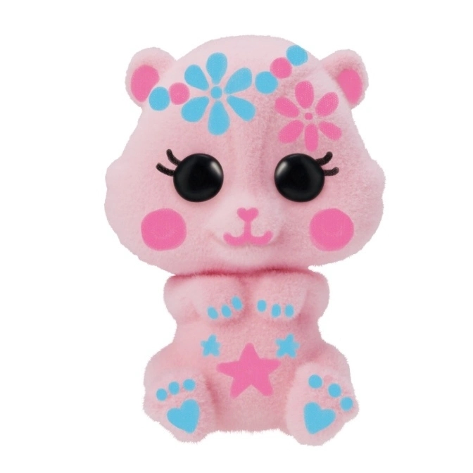  Pink plush toy with flower details, large eyes, and paw prints.