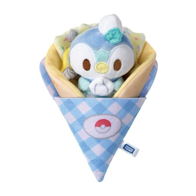 Piplup plush toy in a crepe-like wrap with Poké Ball design.