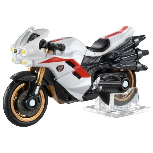 White and red toy motorcycle with black accents and a clear display stand.