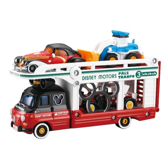 Disney Motors Tranpo carrier truck with three toy cars: a red roadster, a blue tractor, and a red polka dot car.