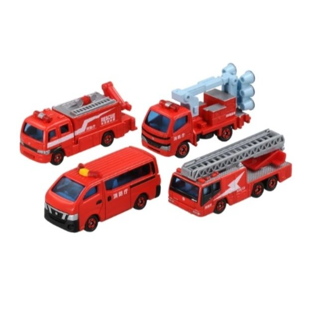 Four red toy fire trucks: rescue, siren, van, and ladder trucks.